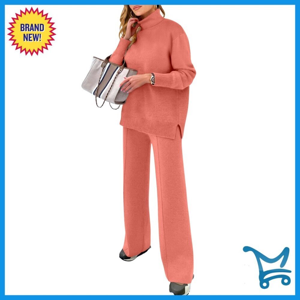 Cozy Knit Sweatsuit Turtleneck Top Wide Leg Pants Loungewear Set Soft Stretch